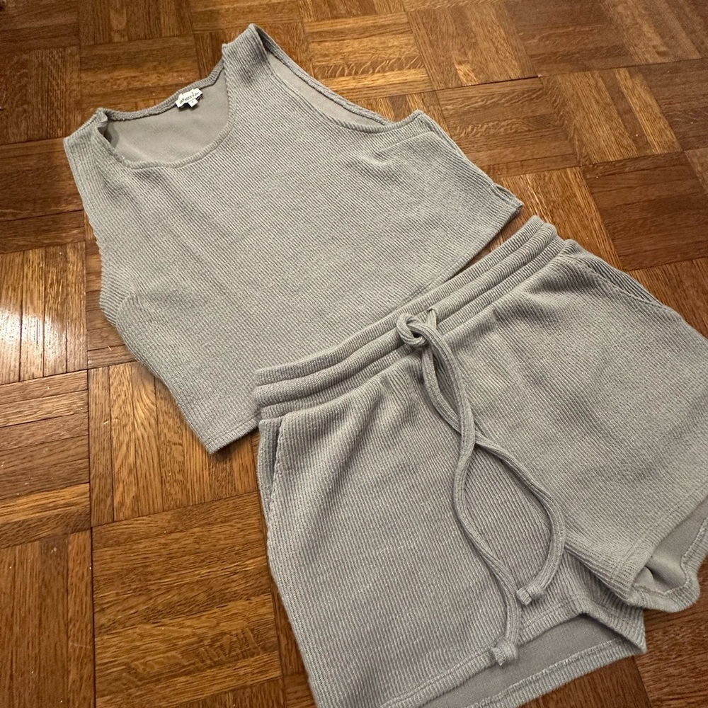 Gray Ribbed Tank and Shorts Set